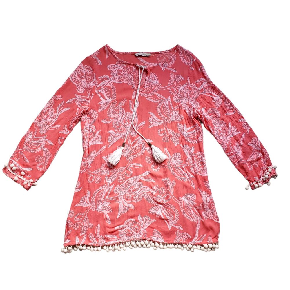 Soft Surroundings Pom-Pom Fringe Tunic Blouse Tassel Tie Small Coral